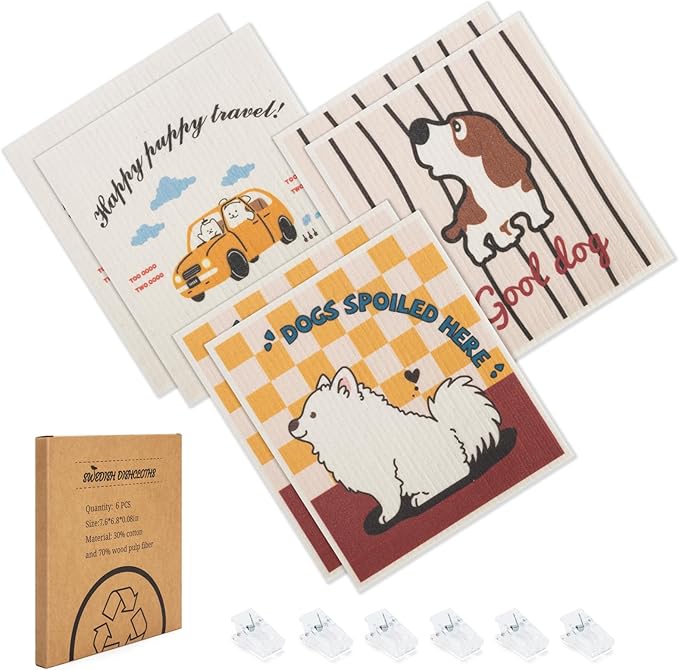 Swedish Dishcloths for Kitchen, 6 Pack Cute Dog Swedish Dish Towels with Clips, Reusable Paper Towels Washable Non-Scratch Super Absorbent Cellulose Sponge Cloths, Biodegradable No Odor