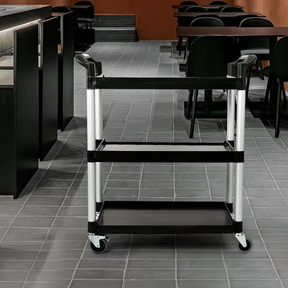 3-Tier Utility Rolling Cart with Wheels, Durable Catering carts with Wheels, Rolling Storage Cart for Hotel Canteen Resturant Office (Black, 31.4" D x 16.5" W x 37.7" H)