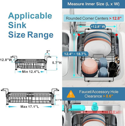 iSPECLE Expandable Dish Drying Rack for Kitchen Sink - Heavy Duty Adjustable Over The Sink Dish Drainer with Square Corners, Rust Resistant with Lock Knob, Fit for Modern Single & Double Sinks, Black