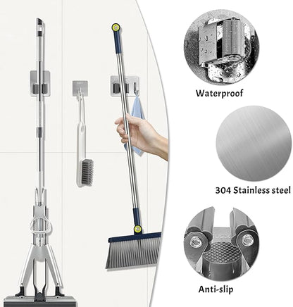 Daily Treasures 6 Pcs Stainless Steel Broom Holder Wall Mount Self Adhesive (with Hook), Adjustable Size Broom and mop Holder, Flexible Freestanding Broom Sticky Back Hooks, Hook Broom Hanger