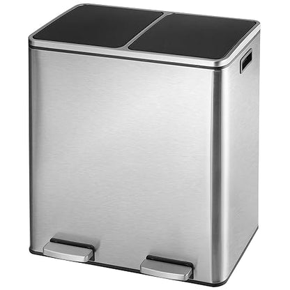 Arlopu Dual Trash Can, 2 x 8 Gallon (2 x 30 L) Hands-Free Trash and Recycle Bin Combo, Stainless Steel Kitchen Garbage Can with Soft-Close Lid, Removable Inner Buckets, Step Pedal, Airtight (Silver)