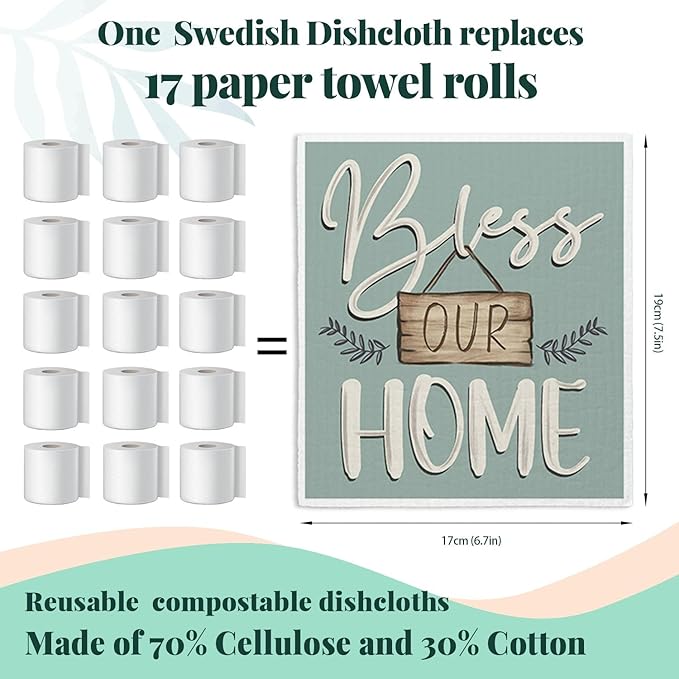 Bless This Home Swedish Dishcloths for Kitchen, Christian Swedish Dish Cloths, 4 Pack Reusable Paper Towels, Cotton and Wood Pulp, 6.7 x 7.5 inches