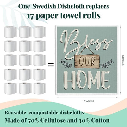 Bless This Home Swedish Dishcloths for Kitchen, Christian Swedish Dish Cloths, 4 Pack Reusable Paper Towels, Cotton and Wood Pulp, 6.7 x 7.5 inches