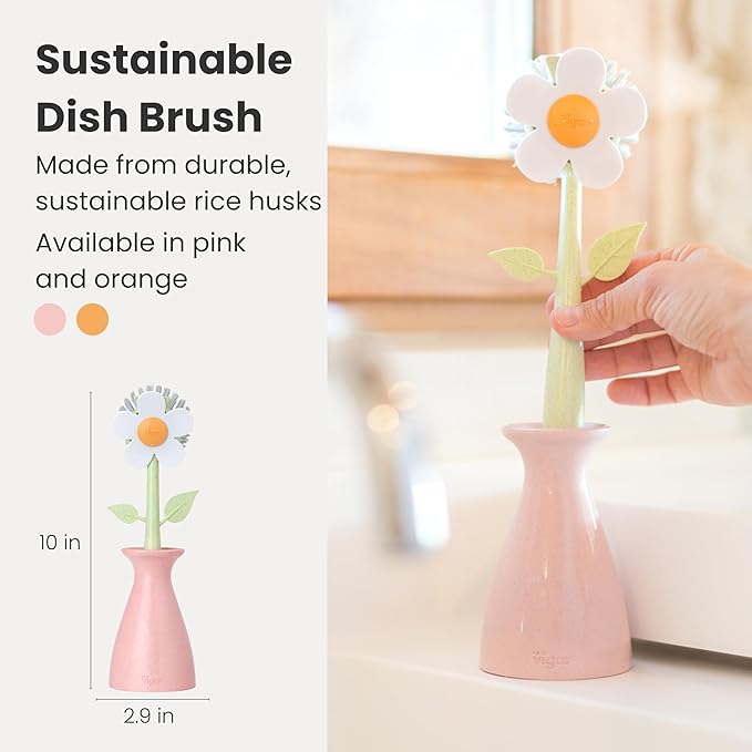 Vigar Florganic Dish Brush with Holder - Dish Scrubber with Handle for Dishes, Kitchen Sink Cleaning Brush, Pot Scrubber, Kitchen Scrub Brush, Dishwashing Brush Tool for Sink Cleaning - Pink