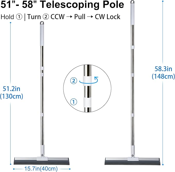 Floor Squeegee with 51"-58" Telescoping Handle & 180° Rotating Head, Water Removal for Tile & Hardwood, Under-Furniture Cleaning