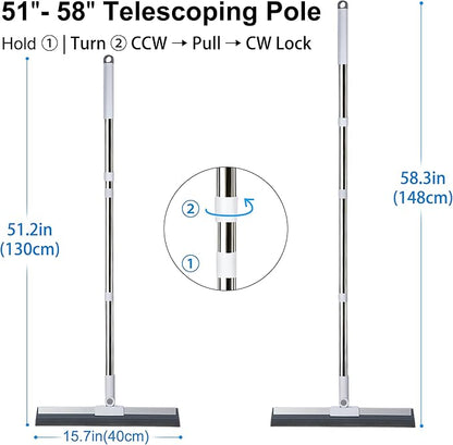 Floor Squeegee with 51"-58" Telescoping Handle & 180° Rotating Head, Water Removal for Tile & Hardwood, Under-Furniture Cleaning