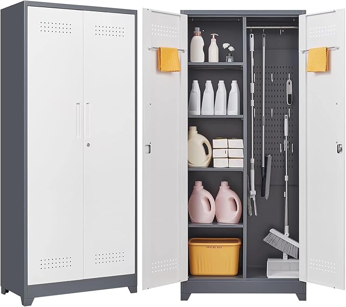 72"H Tall Metal Garage Storage Cabinet, Freestanding Broom Closet Storage Cabinet with Locking Door for Cleaning Tool, Large Tool Organizer Cabinet with Hanging Rod for Home Office, Grey White