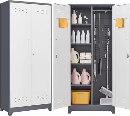 72"H Tall Metal Garage Storage Cabinet, Freestanding Broom Closet Storage Cabinet with Locking Door for Cleaning Tool, Large Tool Organizer Cabinet with Hanging Rod for Home Office, Grey White