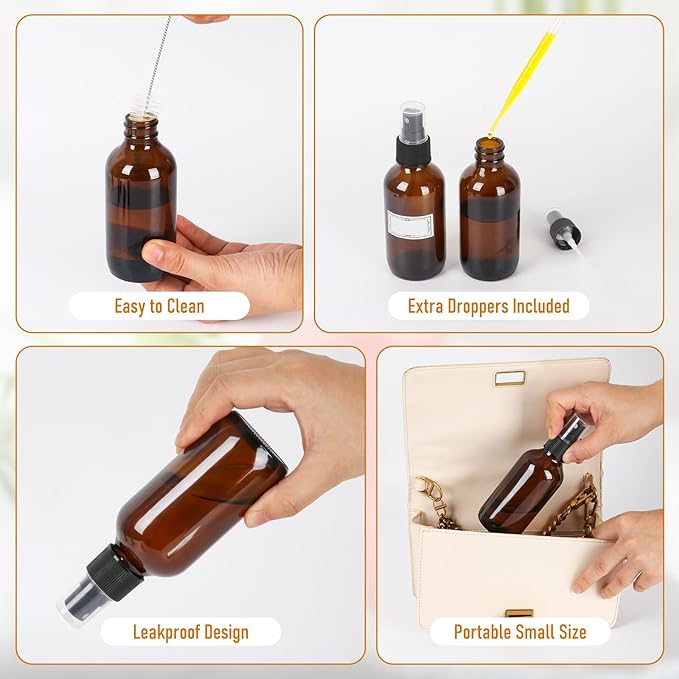 Jaisie.W 4 oz Glass Spray Bottles with Fine Mist Sprayer 16 Pack - Amber Refillable Empty Containers for Essential Oils, Perfumes, Toner, Hair, Skin Care, Plants, Cleaning Solutions & Travel