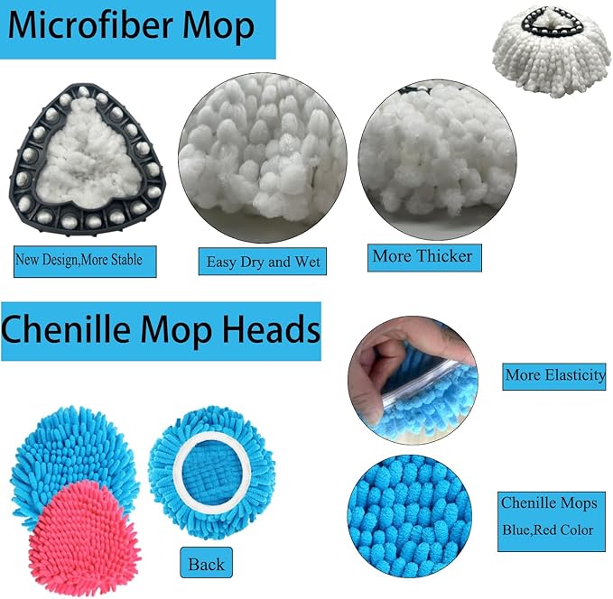 6 Pack Spin Mop Head Replacements Compatible with OCedar Easywring 1 Tank,4 Chenille Duster Mops Pad Refill Compatible with Oceda,Includes 2 PCS Microfiber Mops,White Red Blue,Machine Washable