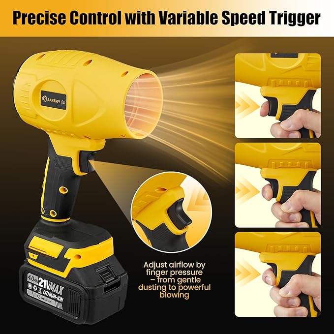 SakerPlus Portable Dust Cleaner, Cordless Leaf Blower with 2 Batteries, 21V 4.0Ah Electric Handheld Blower, 3-Speed Adjustable,Mini Lightweight Leaf Blower for Yard, Patio, Garage, Car (Yellow)