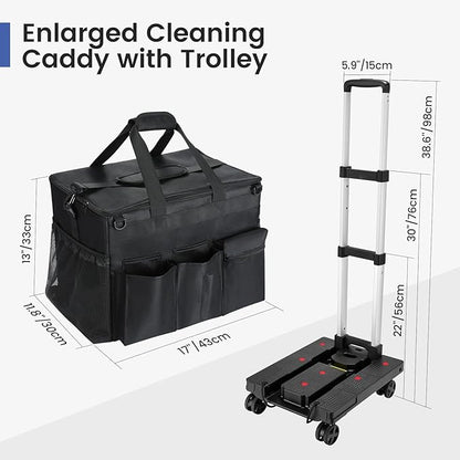 Housolution Extra Large Rolling Cleaning Caddy Bag with Detachable Trolley, Upgraded 360° Free Rotating with 5 Wheels and Dust-Proof Lid, Professional Cleaning Supplies Bag for Housekeepers, Black