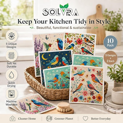 10 PCS Birds Print Swedish Dishcloths for Kitchen 100% Biodegradable, Reusable Cellulose Sponge Cloths Ultra Absorbent, Eco Friendly Cleaning Towels Dishcloths for Washing Dishes & General Cleaning