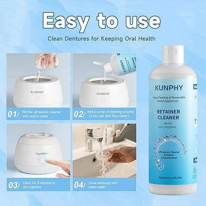 2 Pack Ultrasonic Retainer Cleaner Solution for Sonic Denture Cleaner-Professional Cleaning of Retainers, Invisible Aligners, Mouth Guards, Night Guards, Remove Odors, Discoloration & Stains 8.5oz