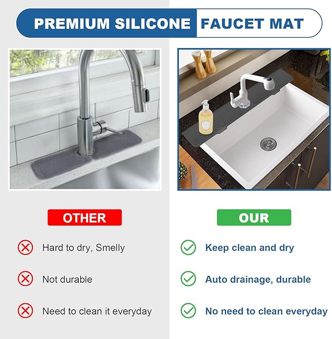 33 inch Sink Splash Guard Mat, Sink Faucet Drying Mat, Silicone Faucet Handle Drip Catcher Tray, Longer Silicone Sink Mat for KitchenBathroom, Drip Protector Splash Countertop (Black)