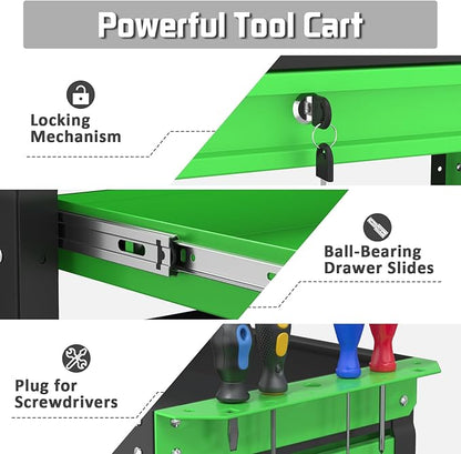 3 Tray Rolling Tool Cart with Drawers, 400 LBS Capacity Mechanic Tool Cart on Wheels, Heavy Duty Utility Cart with Pegboard, Metal Work Cart for Garage and Repair Shop, Blackgreen