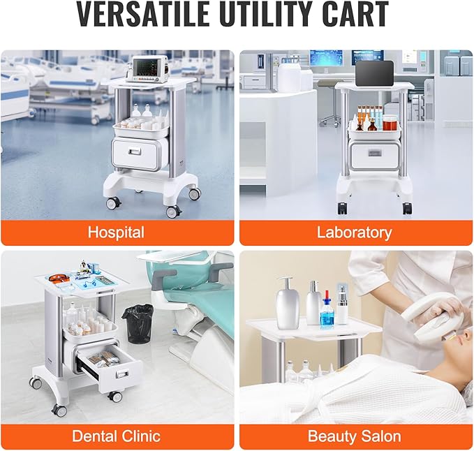VEVOR Medical Trolley Storage Cart with Removable Drawer, Rolling Lab Tray Cart with Wheels for Ultrasound, Dental Clinic, Lab, Beauty Salon, Office