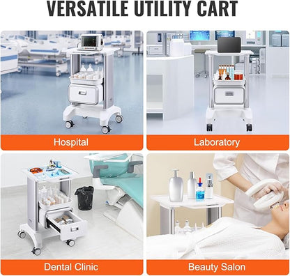 VEVOR Medical Trolley Storage Cart with Removable Drawer, Rolling Lab Tray Cart with Wheels for Ultrasound, Dental Clinic, Lab, Beauty Salon, Office