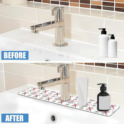 Chrismas Sink Splash Guard Faucet Mat Cute Christmas Absorbent Fast Drying Mat Sink Gadgets Splash Guard Behind Faucet Drip Catcher for Kitchen Bathroom 23.5"X5.5"