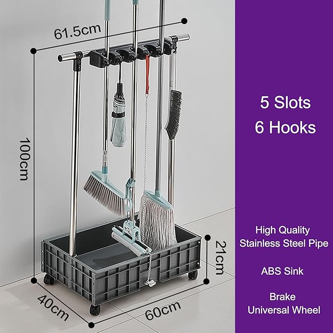 Mop and Broom Holder Cleaning Supplies Mop Bucket Garden Tool Organizer Cleaning Carts On Wheels Freestanding Broom Closet Storage Cabinet Mop Sink for Housekeeping Garag(Onec-5 Slots 6 Hooks)