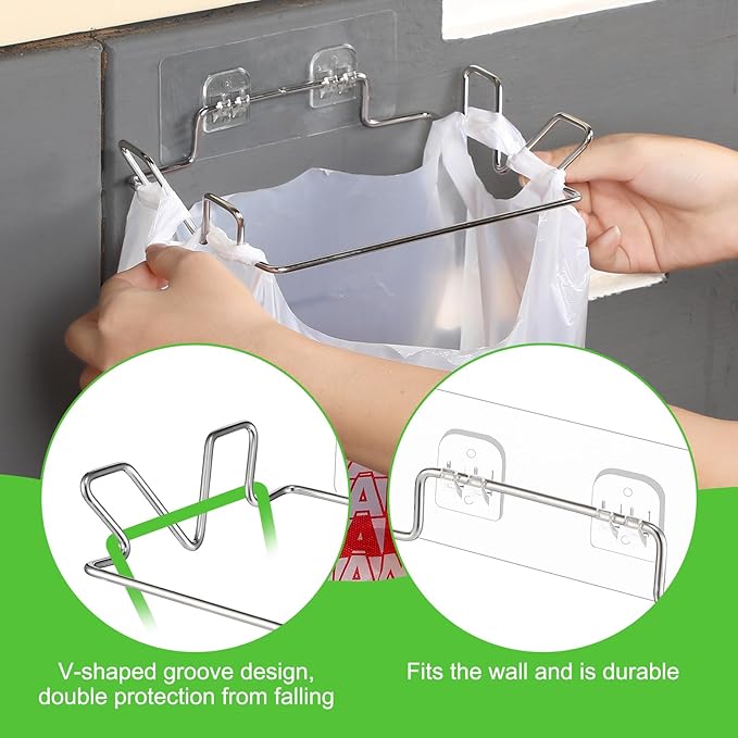 Tandefio 4 Pcs Stainless Steel Trash Bag Holder for Kitchen Cabinet Door and Cupboards with Wall Sticker Base Portable Under Sink Bag Holder for Plastic Bathroom Camper Picnics
