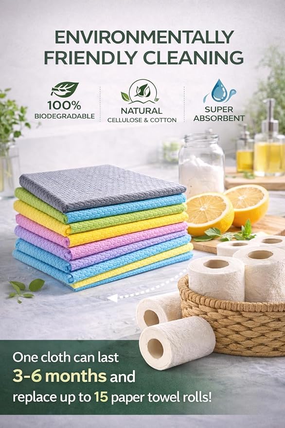 Swedish Dish Cloths 10 Pack – Super Absorbent Reusable Cleaning Cloths, Eco Friendly Biodegradable Kitchen Towels, Alternative to Paper Towels for Dishes, Counters & Home Cleaning