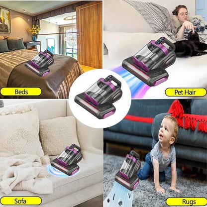 Cordless Double-Cup Mattress Cleaner, 18Kpa Suction 253.7nm UV-C Light & 80000Rpm Rotation Ultrasonic Tech, Portable Handheld Vacuum for Bed/Fabric Sofa/Carpet Cleaning(Purple)