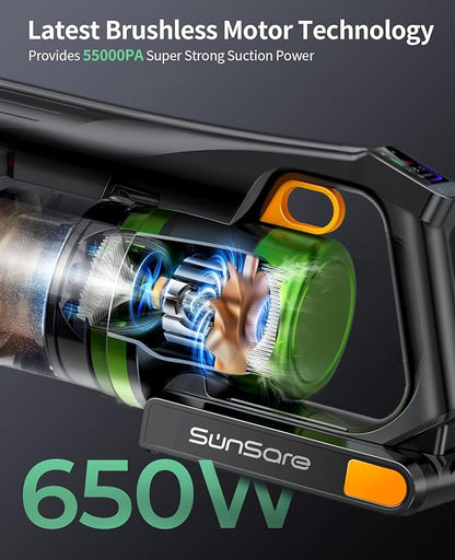 SunSare Cordless Vacuum Cleaner, 55KPa 650W 70Mins Vacuum Cleaner for Home, V-Anti-Tangle Stick Vacuum with Scented Tablet, Upgraded dust Emptying Cup, Vacuum Cordless for Pet Hair/Carpet/Floors