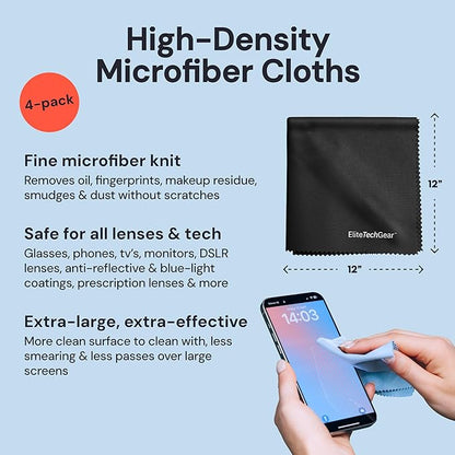 Elite Tech Gear Large Microfiber Cleaning Cloth (4-Pack) 12" x 12" - Glasses Cleaning Cloth for TV Screens, Camera Lenses and Tablets (Black)