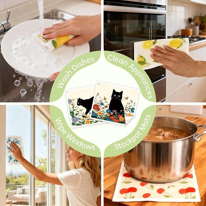 Black Cat Floral Flower Swedish Dishcloths for Kitchen, 5 Pack Reusable Paper Towels with 3 Hooks, Washable Dish Cloth Set, Absorbent Cleaning Cloth for Washing Housewarming Gifts for Friend