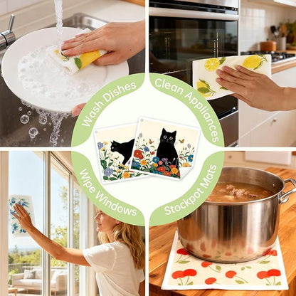Black Cat Floral Flower Swedish Dishcloths for Kitchen, 5 Pack Reusable Paper Towels with 3 Hooks, Washable Dish Cloth Set, Absorbent Cleaning Cloth for Washing Housewarming Gifts for Friend