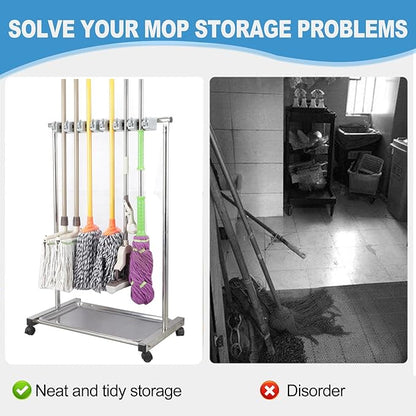 Mobile Broom Mop Holder,Rolling Cleaning Tool Organizer Cart,Freestanding Cleaning Tool Holder for Home,Drip Tray,for Garage,Garden,Schools Hotels(71x45x110cm(28x18x43in))