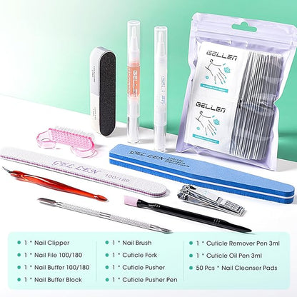 Gellen Nail Cleanser Pads 50PCS with 10PCS Manicure Tools Kit: Ceramic Cuticle Pusher Pen, Remover and Cuticle Oil Nail Prep Care Kit, Nail File 100/180, Polishing Buffer, Nail Clipper & Brush
