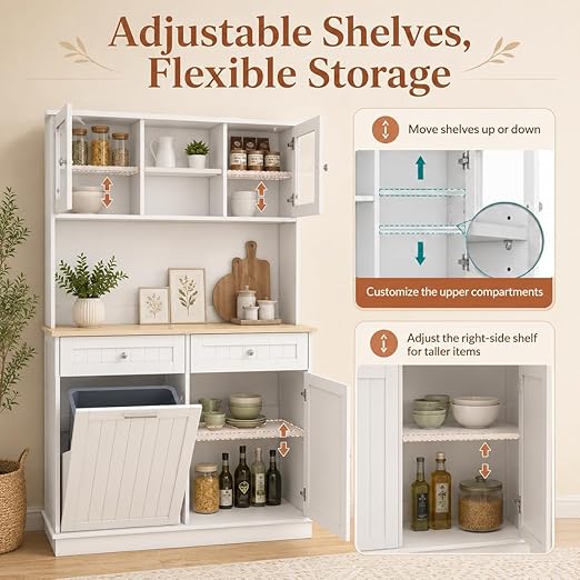 RASOO Trash Can Cabinet 67.7" Tall Kitchen Pantry Storage Sideboard Freestanding Tilt Out Trash Can 10 Gallon Glass Doors with 2 Drawers Microwave Coffe Bar
