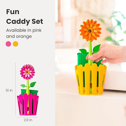 Vigar Flower Power Kitchen Sink Caddy Organizer - Dish Sponge Holder with Flower Dish Brush, Suction Cup & Sponge for Kitchen Sink, Decorative Kitchen Sink Accessories Countertop Storage Set - Orange