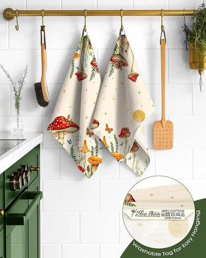 Miss Adola Flour Sack Kitchen Towels - Set of 2 Spring Dish Towels with Hanging Loop 18x26 Inch Absorbent Reusable Cotton Cloths for Cleaning Cute Design Home Decorative Housewarming, Mushroom Moon
