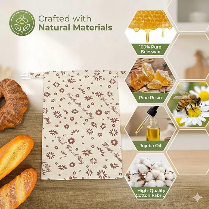 Beeswax Bread Bags, Reusable Food Storage Wraps with Floral and Bee Print Design, 2 Pack (wheat)