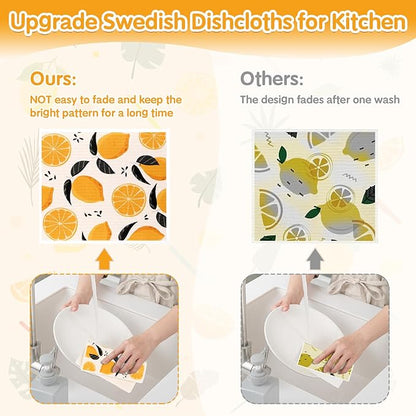 Lucomb 10 Pack Swedish Dishcloths Washable, Reusable Swedish Cloths Biodegradable Kitchen Towels with Hanging Clips, Cellulose Cotton Blend, Lemon Prints