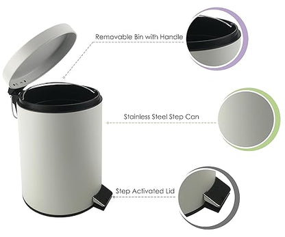 Stainless Steel Small Trash Can with Lid & Step Pedal - 5 Liters/1.3 Gallon Soft Close Waste Basket with Removeable Inner Bucket - Garbage Can for Bathroom, Bedroom, Kitchen & Office (White)