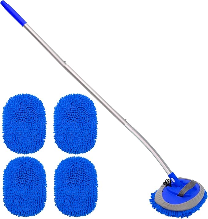 15° Curved Car Wash Brush with Long Handle 43" Extension Cleaning Mop Exterior Interior Carwash Duster 3-Section, 90° Pivoting Extralarge Microfiber Head for Scratch-Free Car, SUV & Truck (Blue)