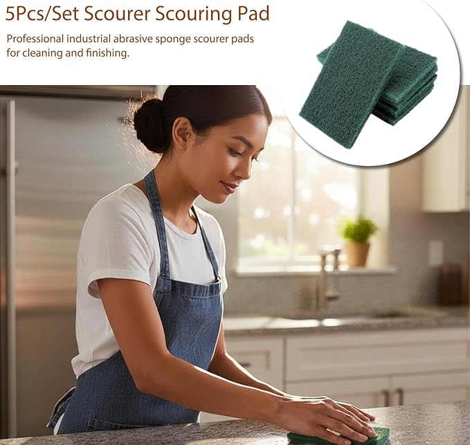 5Pcs/Set Scourer Scouring Pad, Heavy Duty Scour Pads Sponge Dish Scrubber Non-Scratch Reusable Household Scrub Pads Abrasive Finishing Pads for Kitchen and Dish Cleaning Tool(Green)