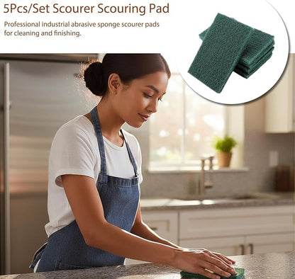 5Pcs/Set Scourer Scouring Pad, Heavy Duty Scour Pads Sponge Dish Scrubber Non-Scratch Reusable Household Scrub Pads Abrasive Finishing Pads for Kitchen and Dish Cleaning Tool(Green)