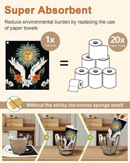 Miss Adola Kitchen Swedish Dishcloths with Hooks - 6 Pack Reusable Dish Cloths for Washing Dishes Fast Drying Cute Fun Swedish Dish Towels Washable Cleaning Sponge, Sun Moon Butterfly