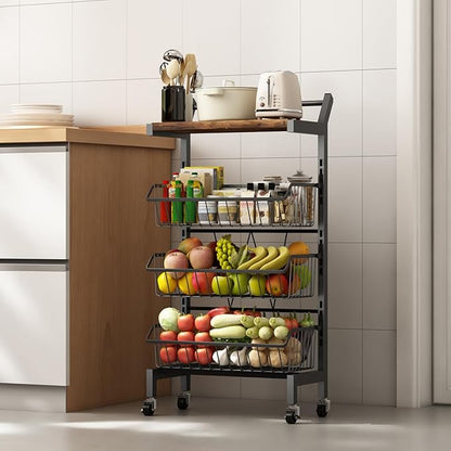 DGSANDGO 4-Tier Slim Rolling Storage Cart, Narrow Kitchen Cart with Lockable Wheels & Water-Resistant Wooden Tabletop, Small Space Utility Cart for Kitchen/Bathroom/Living Room/Laundry Room