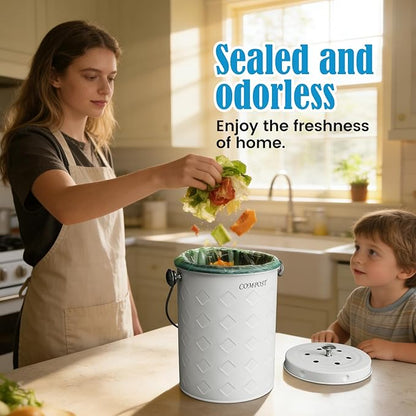 AOSION Countertop Compost Bin Kitchen,Odorless Indoor Compost Bin with Lid,Farmhouse Composter Container for Food Waste,Includes 2 Carbon Filters, Small Compost Bucket,Trash Bags (Modern, Cream White)