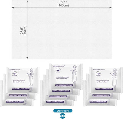 10 Pack Large Compressed Bath Towels Portable Lightweight Disposable Cotton Fiber Tablets Towel for Travel, Camping, Gym, Swimming, Beach (55" X 28")