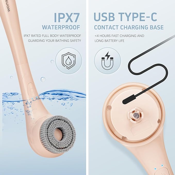 ZOFGENOW Electric Body Brush, Waterproof Back Scrubber for Shower with Long Handle and 3 Heads, Rechargeable Exfoliating Brush for Body and Foot, Deep Cleansing Massager, Pink