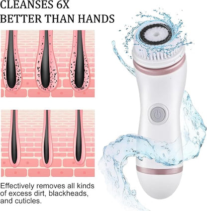Facial Cleansing Brush, 4 in 1 Electric Face Scrubber with Travel Case and 4 Brush Heads, Waterproof Facial Cleansing Spin Brush for Gentle Exfoliation and Deep Cleaning (Pink)