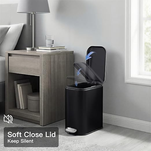 GlowSol Bathroom Trash Can with Lid, 1.3 Gallon 12 L Stainless Steel Step Trash Can with Removable Liner Bucket, Slim Small Wastebasket for Toilet Bedroom Office, Black