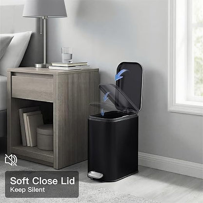 GlowSol Bathroom Trash Can with Lid, 1.3 Gallon 12 L Stainless Steel Step Trash Can with Removable Liner Bucket, Slim Small Wastebasket for Toilet Bedroom Office, Black